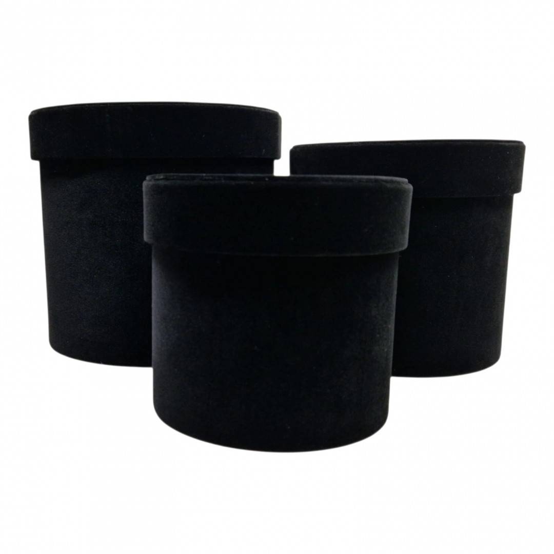 Set 3 cutii rotunde din catifea pentru flori si cadouri, negru