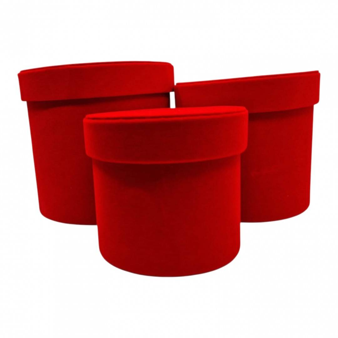Set 3 cutii rotunde din catifea pentru flori si cadouri, rosu