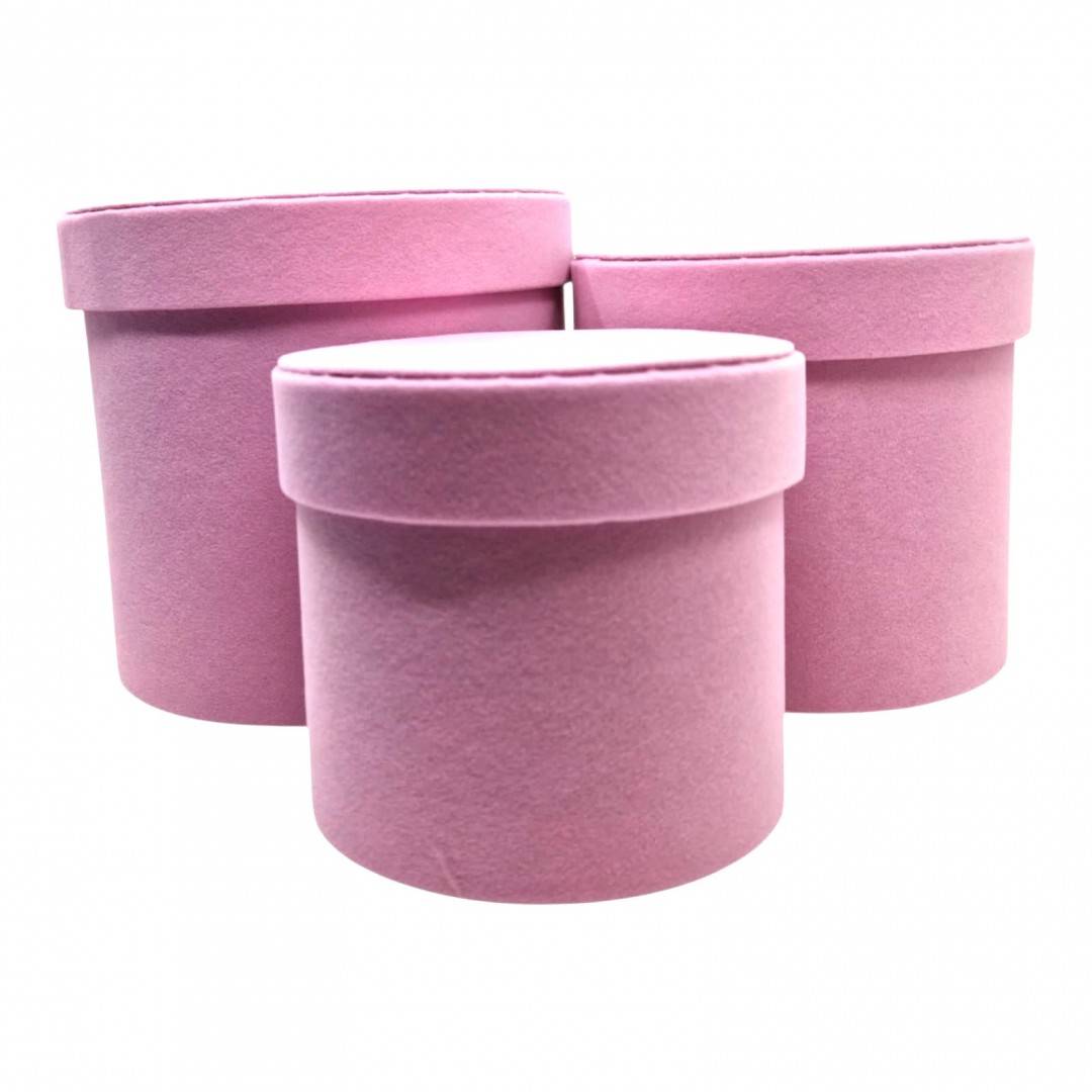 Set 3 cutii rotunde din catifea pentru flori si cadouri, roz