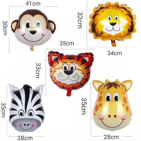set 5 baloane din folie cu supapa de autoetansare, 35 cm, animale salbatice, zebra, leu, maimuta, girafa, tigru