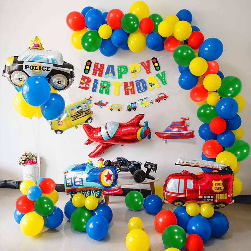 set 5 baloane din folie cu supapa de autoetansare, 35 cm, masina de politie, avion, masina de pompieri, camion, tanc