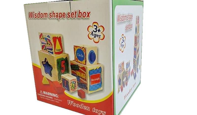 jucarie educativa din lemn formata din 5 cuburi cu forme
