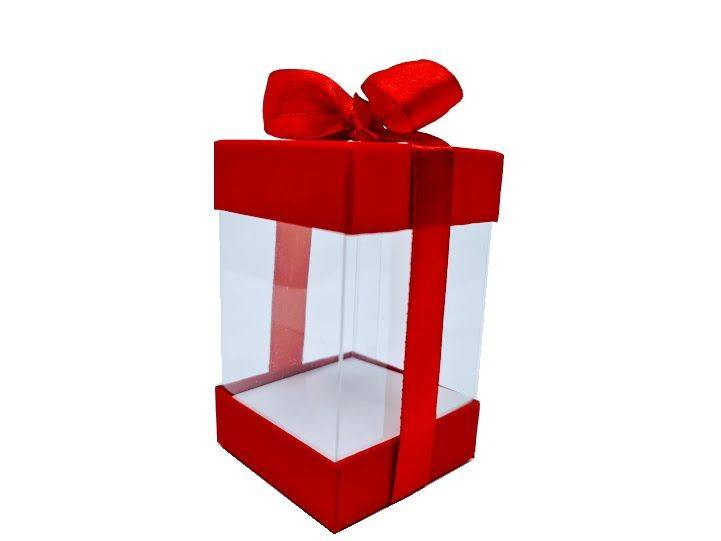set 6 cutii transparente cu fundita rosie, cutie pentru flori de sapun, esarfe cu martisor, mici decoratiuni, 6x6x10 cm