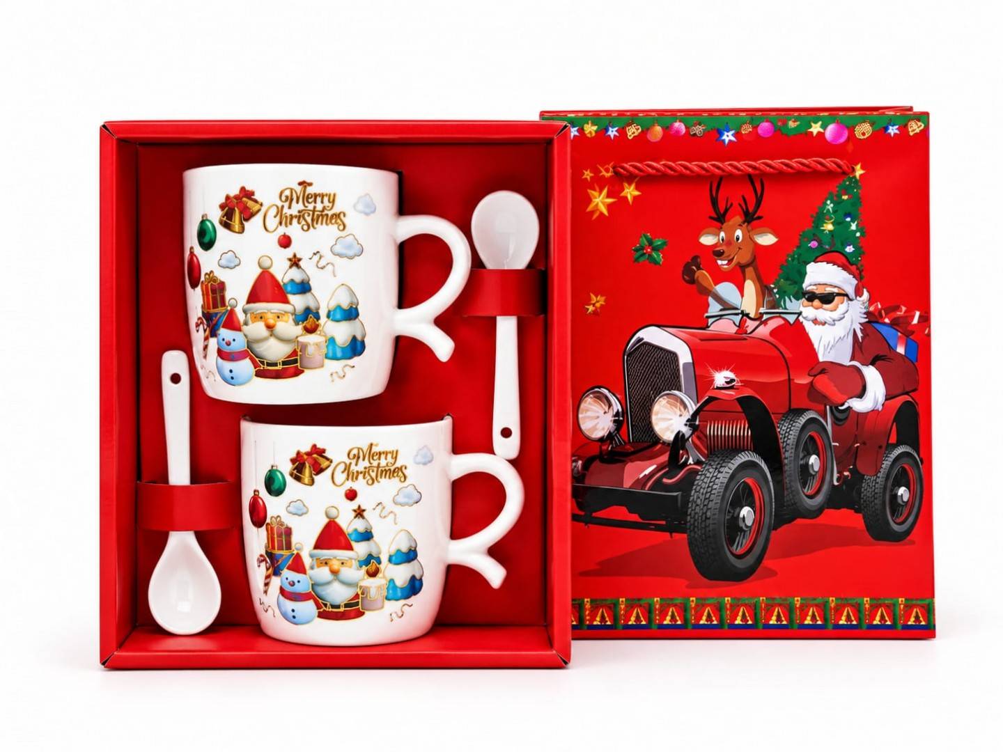 Set Cadou de Craciun, Mos cu brazi, 2 Căni Ceramice cu Lingurițe în Cutie de Transport