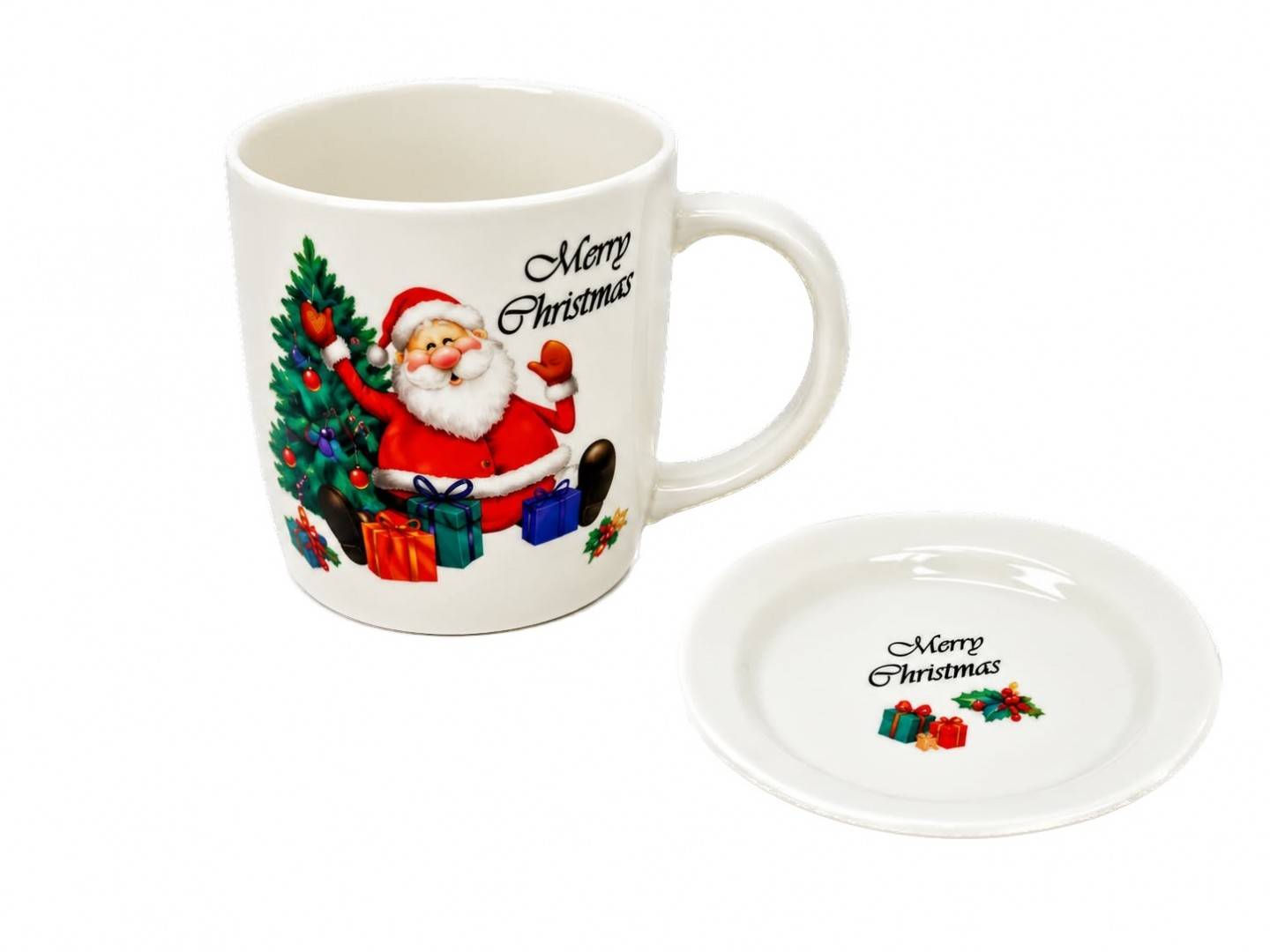 Set Cadou de Craciun, Mos cu cadouri, Cana din Portelan 350ml, Farfurioara și Lingurita