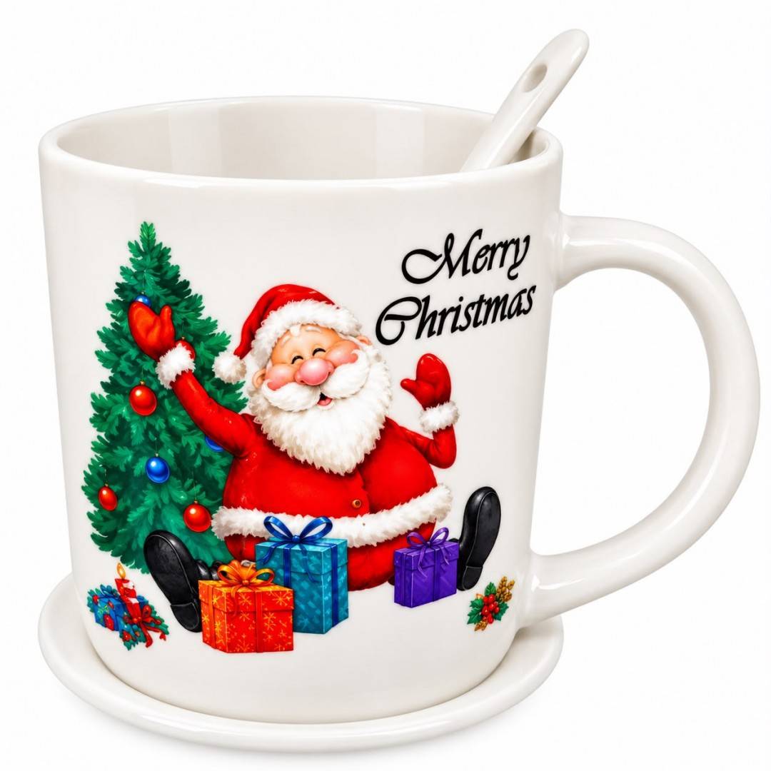 Set Cadou de Craciun, Mos cu cadouri, Cana din Portelan 350ml, Farfurioara și Lingurita