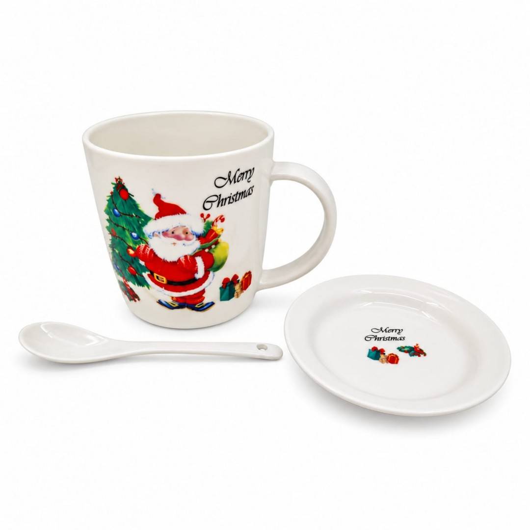 Set Cadou de Craciun, Mos cu jucarii, Cana din Portelan 350ml, Farfurioara și Lingurita