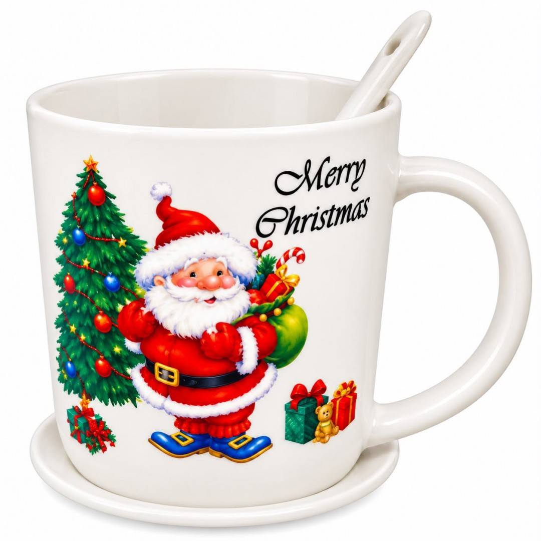 Set Cadou de Craciun, Mos cu jucarii, Cana din Portelan 350ml, Farfurioara și Lingurita