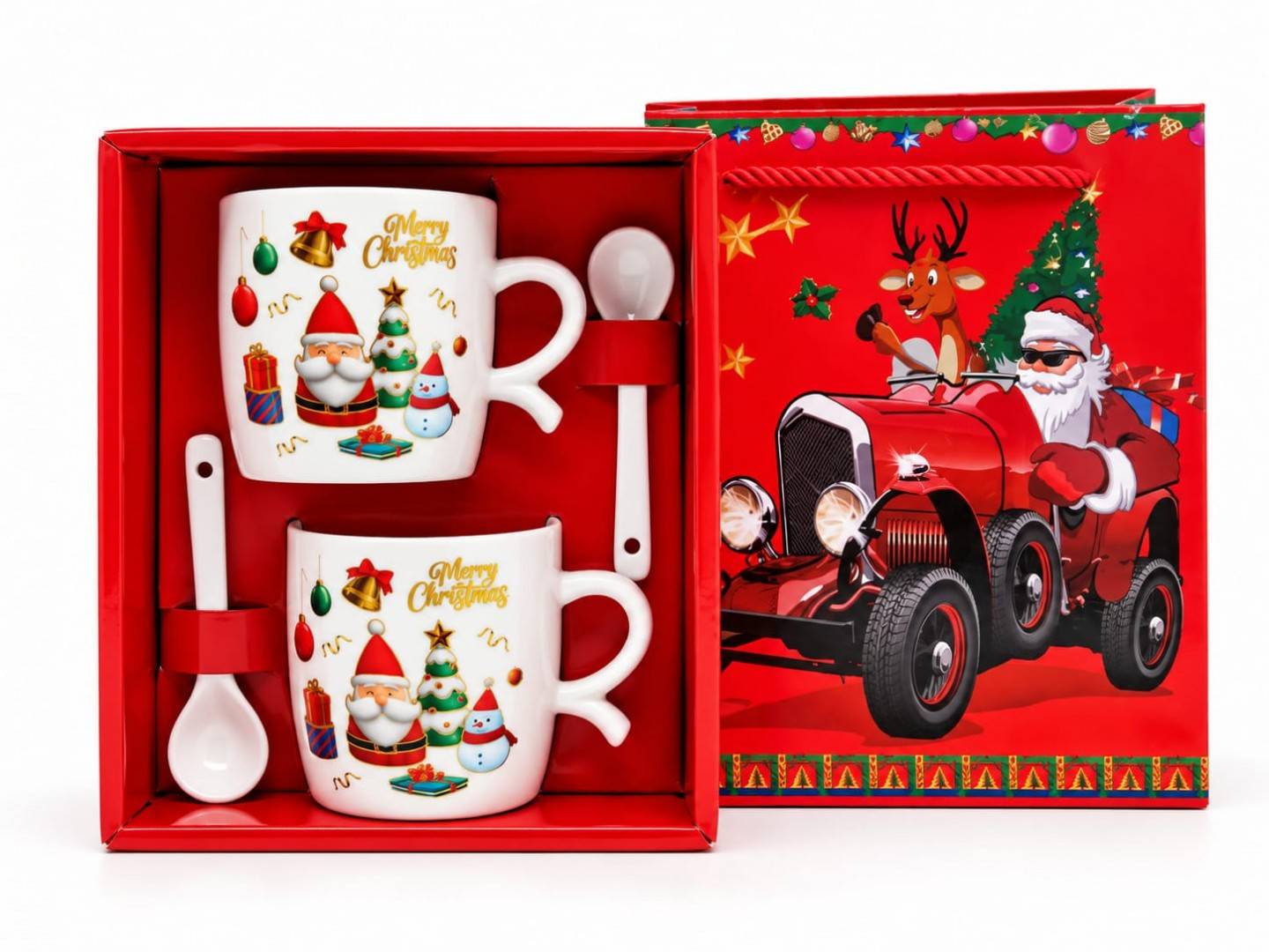 Set Cadou de Craciun, Mos cu om de zapada, 2 Căni Ceramice cu Lingurițe în Cutie de Transport