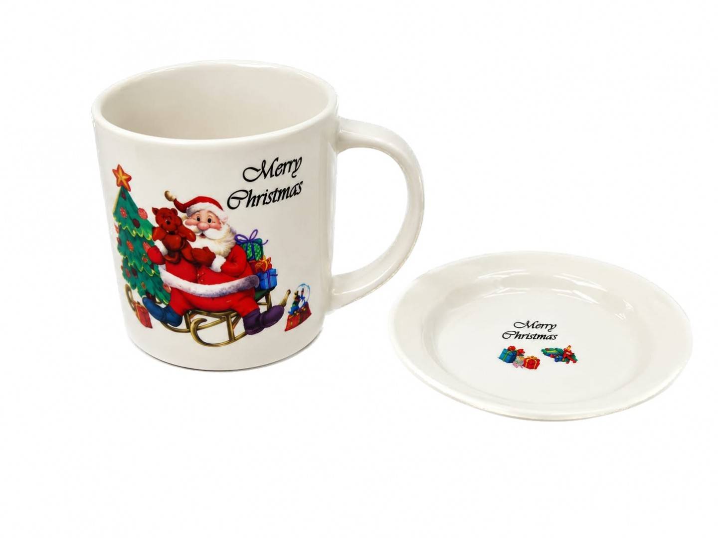 Set Cadou de Craciun, Mos cu sanie, Cana din Portelan 350ml, Farfurioara și Lingurita