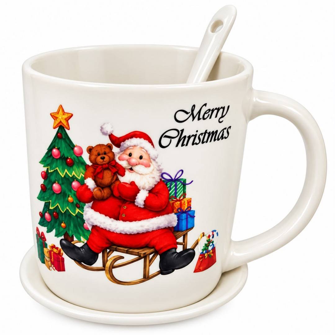 Set Cadou de Craciun, Mos cu sanie, Cana din Portelan 350ml, Farfurioara și Lingurita