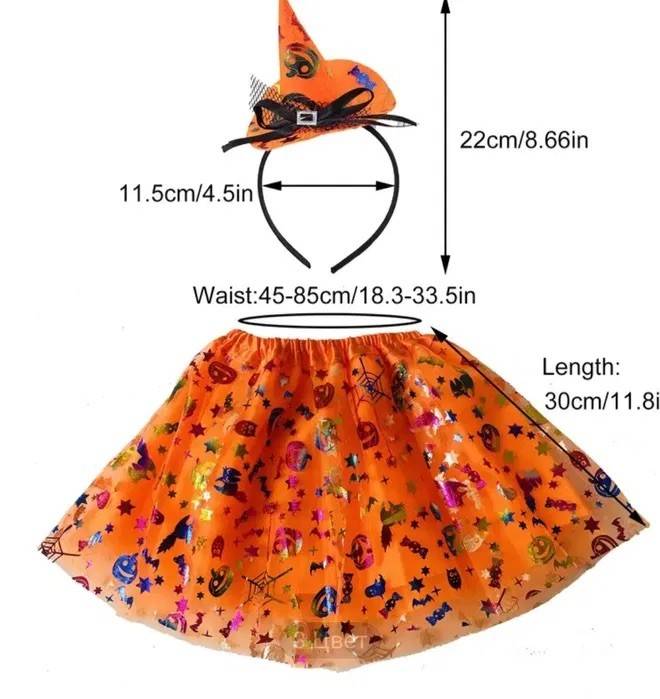 Set costum vrajitoare Halloween pentru copii, fustita si bentita cu palarie, 3-8 ani