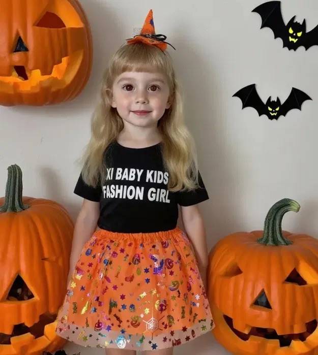 Set costum vrajitoare Halloween pentru copii, fustita si bentita cu palarie, 3-8 ani
