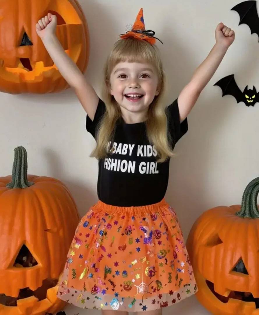 Set costum vrajitoare Halloween pentru copii, fustita si bentita cu palarie, 3-8 ani