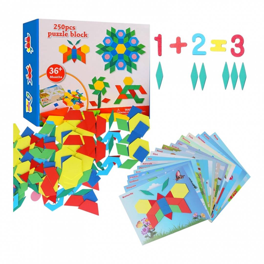 Set educativ mozaic geometric din lemn,  tangram multicolor, 250 piese