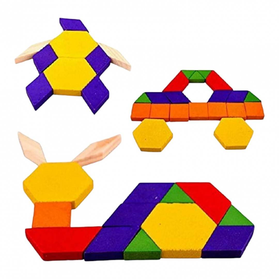 Set educativ mozaic geometric din lemn, tangram cu 60 piese colorate