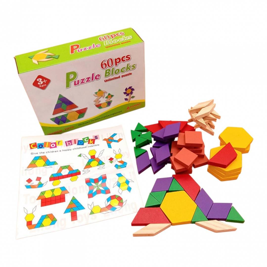Set educativ mozaic geometric din lemn, tangram cu 60 piese colorate