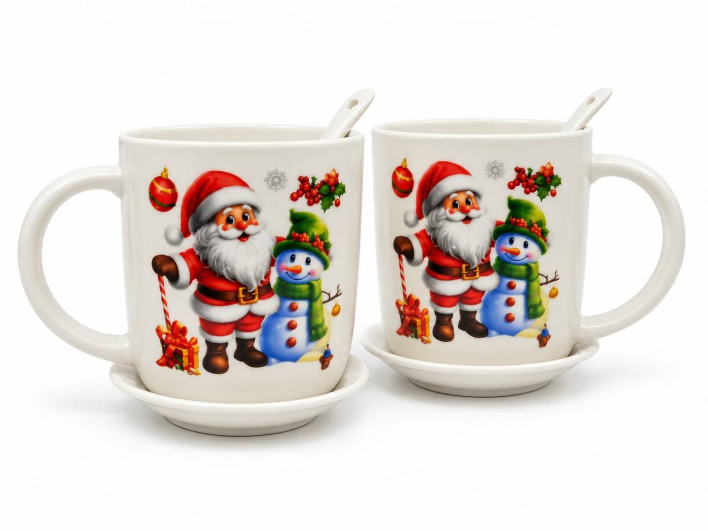 Set Festiv Premium de Crăciun, 2 cani cu farfurii si lingurite, Mos cu Om de Zapada, 25x18x9 cm