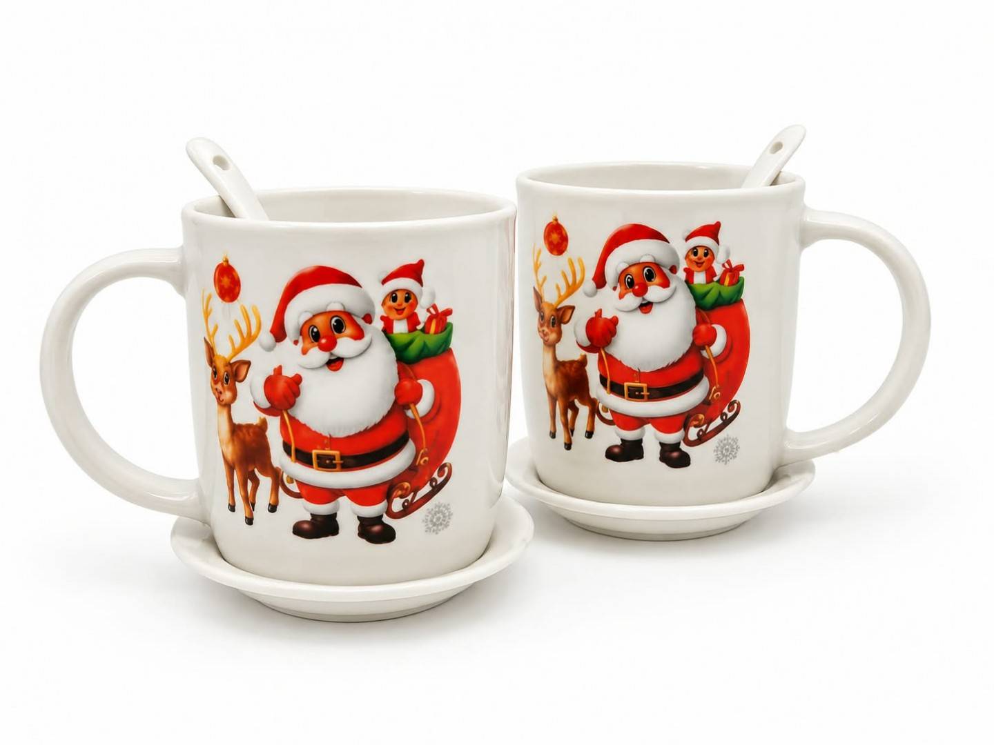 Set Festiv Premium de Crăciun, 2 cani cu farfurii si lingurite, Mos cu Ren, 25x18x9 cm