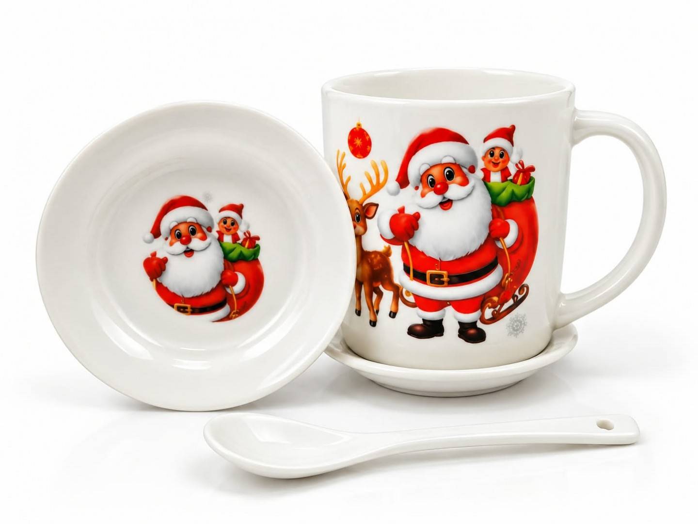 Set Festiv Premium de Crăciun, 2 cani cu farfurii si lingurite, Mos cu Ren, 25x18x9 cm