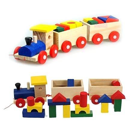 Trenulet din lemn cu forme geometrice colorate