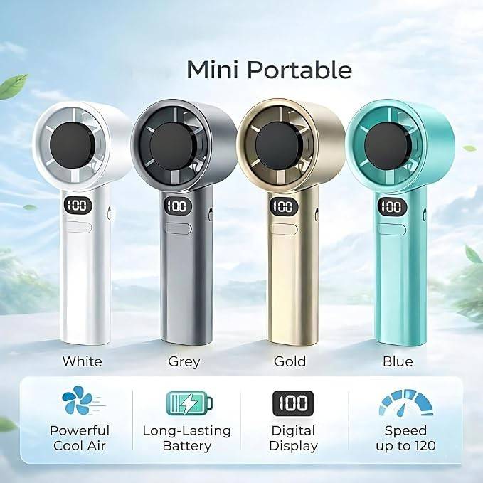 Ventilator Portabil cu Ecran Digital, 120 Trepte de Viteză și Suport de Birou pentru Telefon, Gri