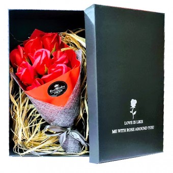 buchet 9 trandafiri de sapun ambalat in cutie cadou cu mesaj, culoare rosu