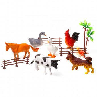 ferma cu pasari si animale, 6 figurine, caine, cal, vaca, cocos, rata, gasca