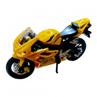 motocicleta metalica cu roti de cauciuc, macheta care vireaza, cric detașabil, 1:18, galben