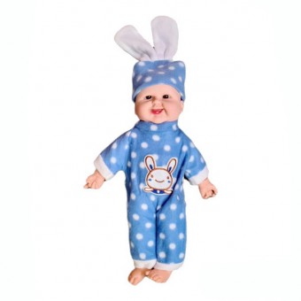 papusa interactiva, bebe care rade, corp moale, caciula cu urechi de iepure, albastru, 36 cm