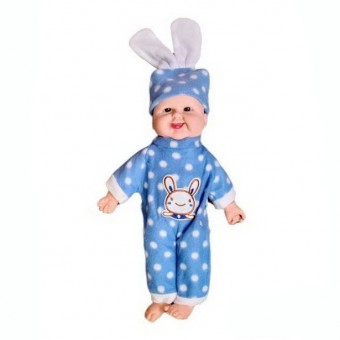 papusa interactiva, bebe care rade, corp moale, caciula cu urechi de iepure, albastru, 45 cm