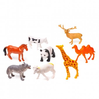 set figurine, 8 animale, cal, vaca, oaie, camila, girafa, lup, cerb, panda