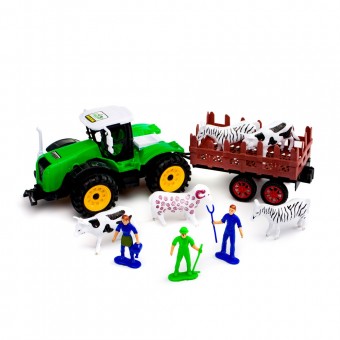 tractor cu remorca, happy farm, animale si 3 fermieri,  10 piese, 39 x 20 x 11 cm