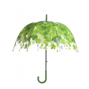 umbrela transparenta in forma de cupola, imprimeu frunze, 83 cm, verde