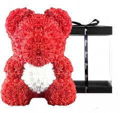 Aranjament urs rosu cu inima alba , ursulet decorat manual cu trandafiri de spuma, cutie inclusa, Teddy Bear 40 cm