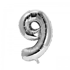 balon din folie metalizata, argintiu, 80 cm, cifra 9