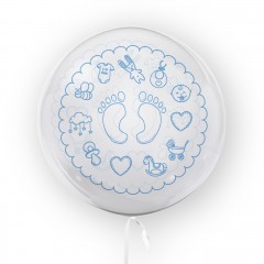 balon transparent imprimat fata-verso, 45 cm, decor botez, bleu