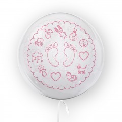 balon transparent imprimat fata-verso, 45 cm, decor botez, roz