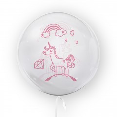 balon transparent imprimat fata-verso, 45 cm, decor botez, unicorn, roz