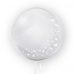 balon transparent imprimat fata-verso, 45 cm, decor fluturi, alb
