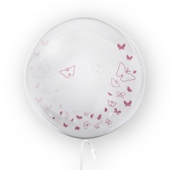 balon transparent imprimat fata-verso, 45 cm, decor fluturi, roz
