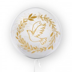 balon transparent imprimat fata-verso, 45 cm, porumbel auriu