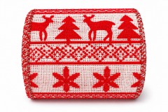 Banda Textila Decorativa de Craciun cu Margine din Fir Metalic, Imprimeu Reni și Fulgi, 8 x 270 cm