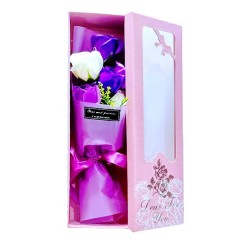 buchet 5 trandafiri de sapun ambalat in cutie cadou cu mesaj, culoare mov