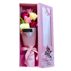 buchet 5 trandafiri de sapun ambalat in cutie cadou cu mesaj, culoare roz