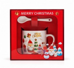 Cana Ceramica de Craciun cu Lingurita in Cutie Cadou, Mos cu Om de Zapada