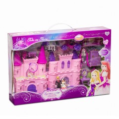 Castel dublu cu turnuri, 2 figurine si 10  accesorii, muzica si lumini, 44 x 29 x 8 cm, roz
