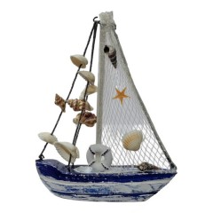 decoratiune din lemn, barca cu scoici naturale si colac de salvare, albastru antic, 15x19 cm