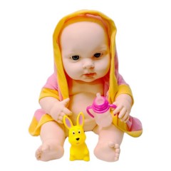 jucarie papusa in halat de baie, bebe cu biberon si jucarie iepuras, roz, 33 cm