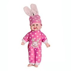 papusa interactiva, bebe care rade, corp moale, caciula cu urechi de iepure, roz, 45 cm